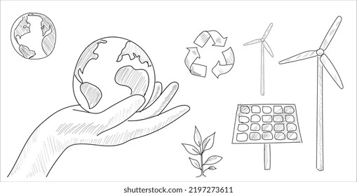 Windmill, solar panel, recycle and earth in human hand. Energy saving. Hand drawing sketch line vector.