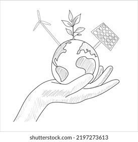 Windmill, solar panel, recycle and earth in human hand. Energy saving. Hand drawing sketch line vector.