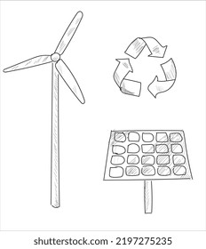 Windmill, solar panel and recycle icon. Hand drawing line vector illustration