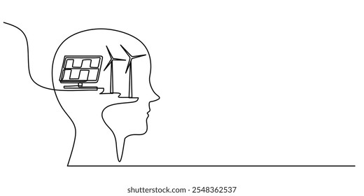 Molino de viento y paneles solares dentro de una cabeza humana, ilustrados en un dibujo continuo de una línea, que refleja el pensamiento sostenible y el equilibrio psicológico. Piensa en un póster verde para el concepto de psicología.