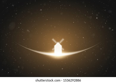Windmill in space. Vector conceptual illustration with white silhouettes of mills on hill. Summer rural landscape. Yellow abstract background with stars and glowing outline
