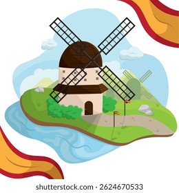 Windmill in Spanish countryside. Vector illustration