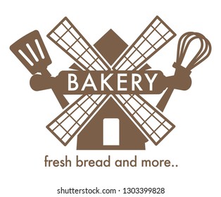 Windmill spatula and whisk bakery with fresh bread isolated icon pastry food cooking tools and culinary rolling pin wheat dough products flour production store or factory baking baguette and buns.