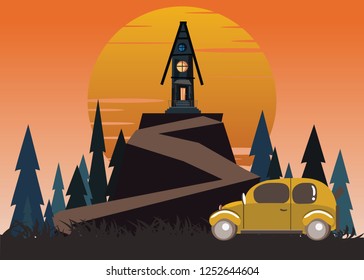 windmill spooky house on mountains vector illustration 