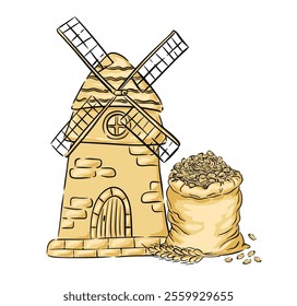 A windmill stands proudly next to a large sack of grain, illustrating a peaceful rural scene.