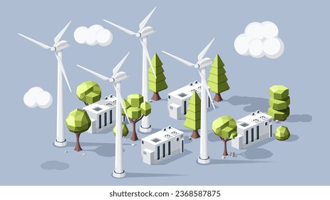 Windmill stations with trees concept. Alternative energy sources and sustainable lifestyle. Reducing emission of waste into atmosphere. Care about nature. Cartoon polygonal vector illustration