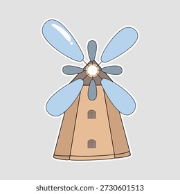 Windmill sticker featuring a rustic wooden design and blue sails. Great for travel-themed scrapbooks, European countryside graphics, and farming illustrations