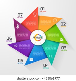 Windmill style circle infographic template for graphs, charts, diagrams. Business, education and industry concept with 7 options, parts, steps, processes.