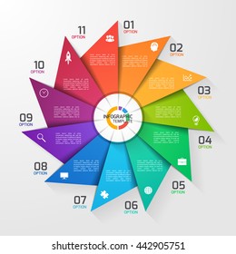 Windmill style circle infographic template for graphs, charts, diagrams. Business, education and industry concept with 11 options, parts, steps, processes.