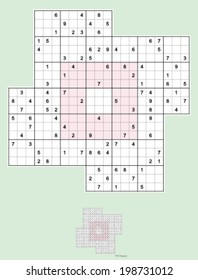 Windmill Sudoku. Five overlapping sudoku puzzles, symmetrical, 100 clues. Easy.