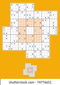 Windmill Sudoku, symmetrical, 98 clues. Medium difficulty. Vector.