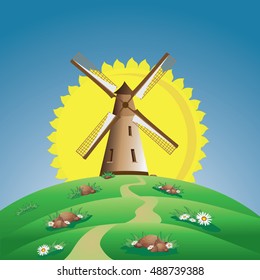 windmill in summer field and sun
