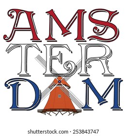 windmill and text of amsterdam with the colors of the dutch flag