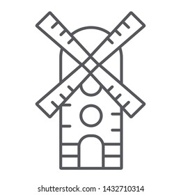 Windmill thin line icon, farm and wind, mill sign, vector graphics, a linear pattern on a white background, eps 10.