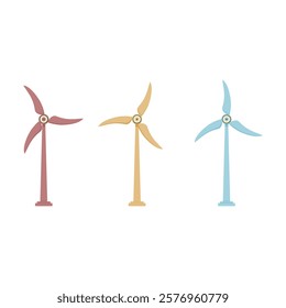 windmill. three windmills in maroon, orange, and light blue. renewable energy theme. environmental theme. vector illustration