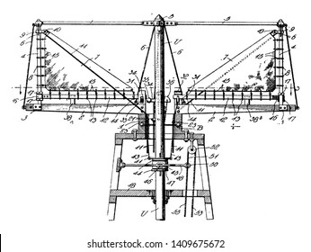 Windmill Tower is a machine that runs on the energy generated by a wheel of adjustable blades or slats rotated by the wind, vintage line drawing or engraving illustration.