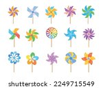 Windmill toy. Paper pinwheel toys, cartoon wind vane summer breeze weather, colored child origami mill pin wheel with flower for baby fan weathercock, neat vector illustration of wheel windmill rotate