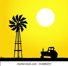 Windmill, Tractor at Sunny day
