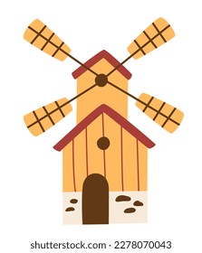Windmill. Traditional cartoon Dutch windmill. Use for print, wallpaper, kids clothes, fashion. Vector illustration isolated on the white background. 