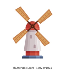 Windmill Traditional Rural Building Cartoon Vector Illustration on White Background.