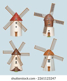 Windmill. Traditional rural medieval construction for milling flour decent vector realistic template