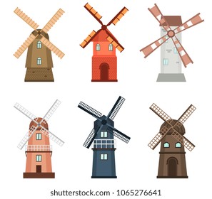 Windmill traditional rural wind energy mill farm power ecology watermill vector illustration. Electricity generator propeller agriculture tower, alternative energy generation windmill turbine.