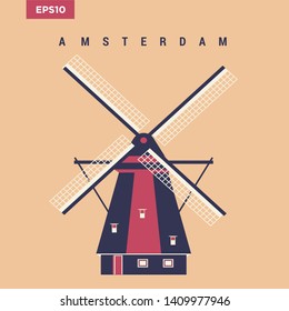 Windmill traditional rural wind energy mill farm power ecology watermill vector illustration. Electricity generator propeller agriculture tower, alternative energy generation windmill turbine.