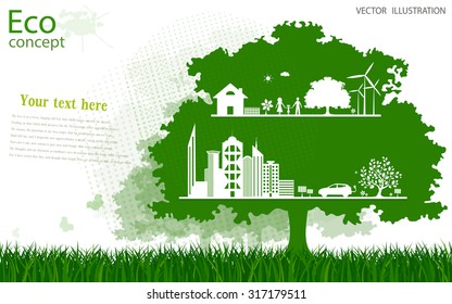 Windmill, tree, grass. Environmentally friendly world. Vector illustration of ecology the concept of info graphics modern design. Insert the text.