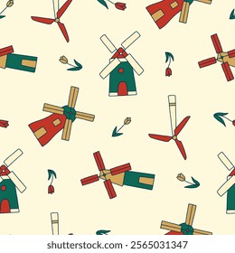 Windmill Tulip Farm Vector Seamless Pattern illustration for Print, Wallpaper, Decoration.