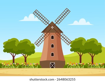 Windmill with tulips scene cartoon background. Netherlands tulip flower concept. Vector stock