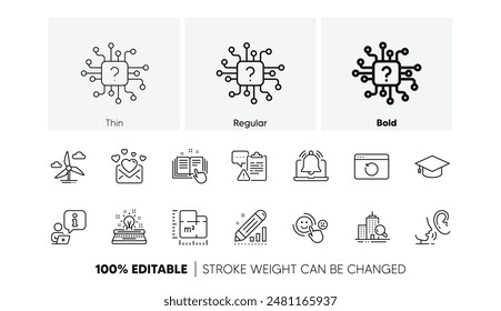 Windmill turbine, Floor plan and Interview line icons. Pack of Inspect, Reminder, Artificial intelligence icon. Typewriter, Whisper, Edit statistics pictogram. Technical documentation. Vector