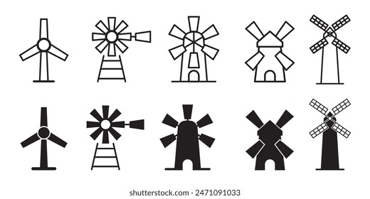 Windmill, turbine icon, Windmill logo vector, Mill icon set in black filled and outlined style.