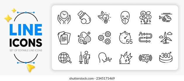 Windmill turbine, Journey path and Flash memory line icons set for app include Difficult stress, Fire energy, International copyright outline thin icon. Safe time, Medical helicopter. Vector