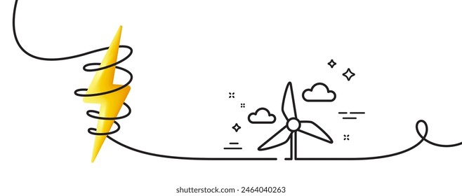 Icono de línea de turbina de viento. Una línea continua con rizo. Señal de energía eólica. Símbolo de suministro alternativo. Cinta de perfil único para turbina de viento. Curva de bucle con energía. Vector