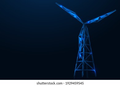 Windmühle, Turbinenturm, Kraftgenerator. Polygonale Konstruktion. Blauer Hintergrund.