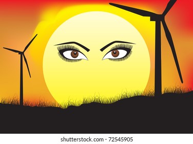 Windmill turbines in sunrise