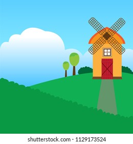 Windmill vector design landscape.Windmill and hill on background