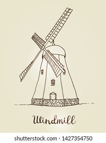 Windmill vector drawing, hand drawn sketch of mill isolated on beige background