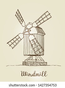 Windmill vector drawing, hand drawn sketch of mill isolated on beige background