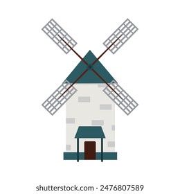 Windmill vector flat illustration. Retro rural mill building, stone tower with wooden propeller. Agriculture farming construction for milling flour isolated on white. Vintage countryside architecture
