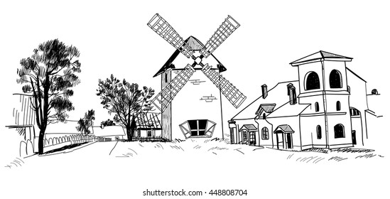 Windmill. Vector freehand drawing in vintage style . Engraving.