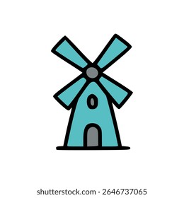 Windmill vector icon for eco energy, agriculture, and countryside design in flat cartoon style