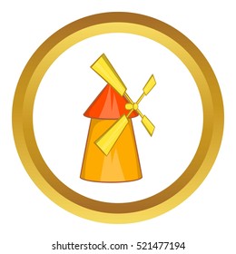 Windmill vector icon in golden circle, cartoon style isolated on white background