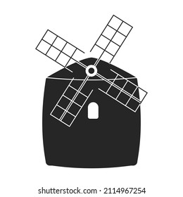 Windmühle, Vektorsymbol.Schwarz, Vektorsymbol einzeln auf weißem Hintergrund, Windmühle.