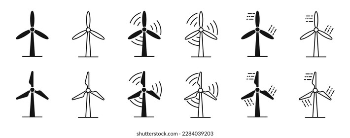 Windmill vector icons. Wind turbine icons. Wind power icons. Wind turbine vector silhouettes. Alternative energy symbols. EPS 10