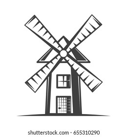 Windmill vector illustration in monochrome vintage style. Design element for logo, label, emblem.
