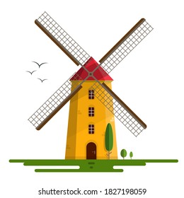 Windmill Vector Illustration - Orange  Sunset Wind Mill with Red Roof Isolated on White Background