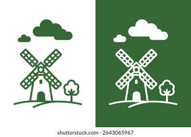 Windmill Vector Line Art Icon Illustration with Clouds and Tree for Agriculture Design