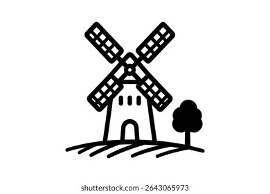 Windmill Vector Line Art Icon for Agriculture and Renewable Energy Projects with Clean Lines