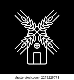 Windmill Vector Outline Illustration with Blades in the Form of Wheat on Black Background.